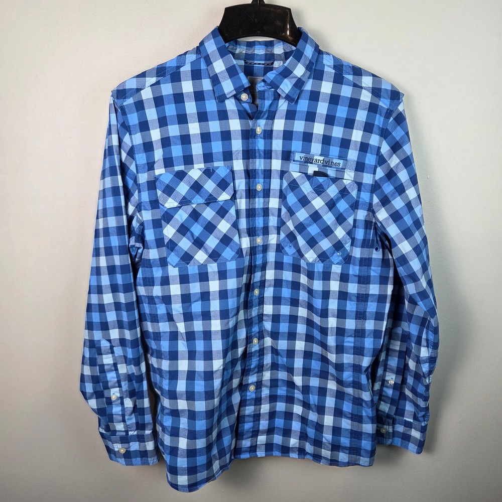 Vineyard Vines Harbor Shirt Mens Small Blue Gingham Fishing Button Down
